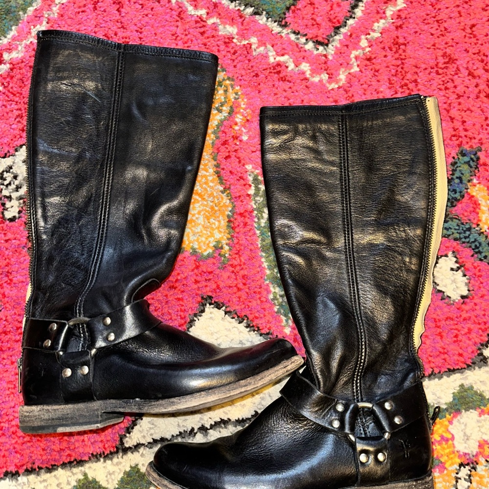 Frye Black Leather Mid-Calf Buckle Boots - Picture 2 of 7